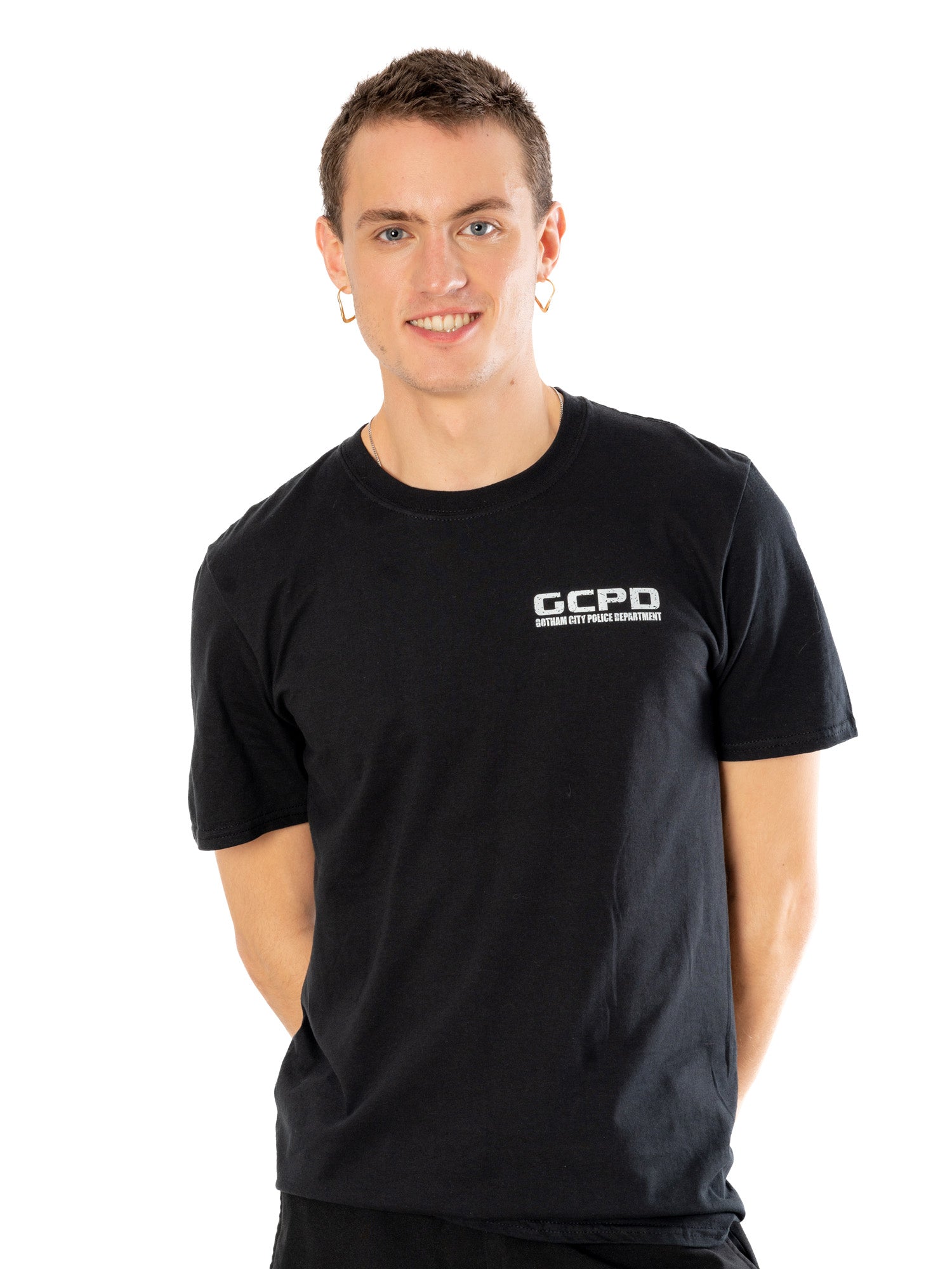 Koszulka uniseks dla dorosłych Arkham City, czarna, z przodu GCPD