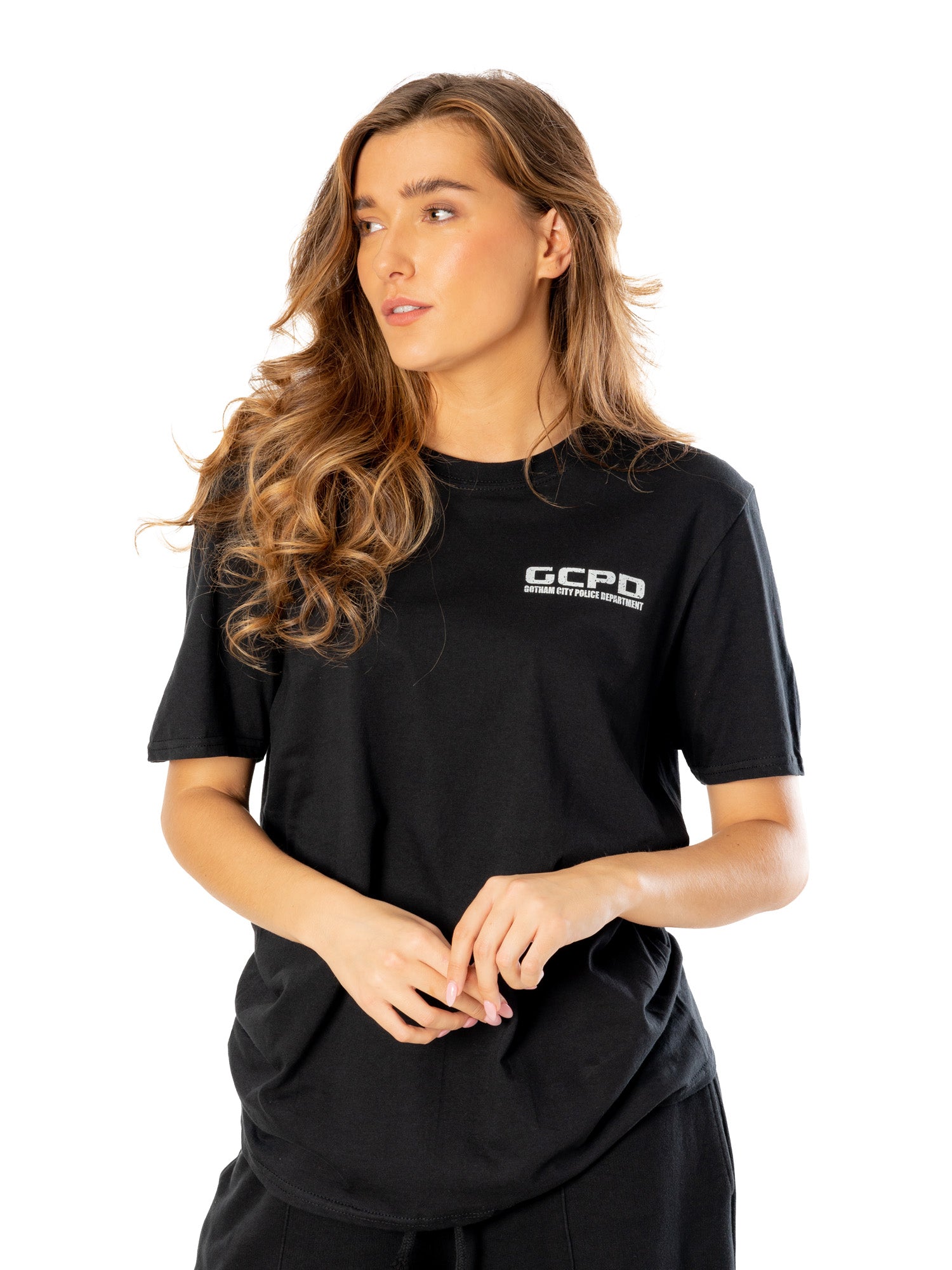 Koszulka uniseks dla dorosłych Arkham City, czarna, z przodu GCPD